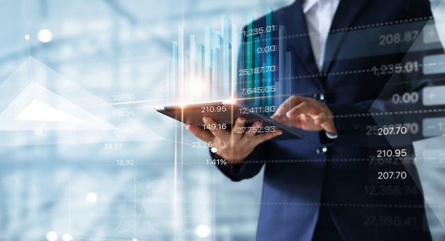 Home businessman using tablet analyzing sales data and economic growth graph chart. business strategy. abstract icon. digital marketing